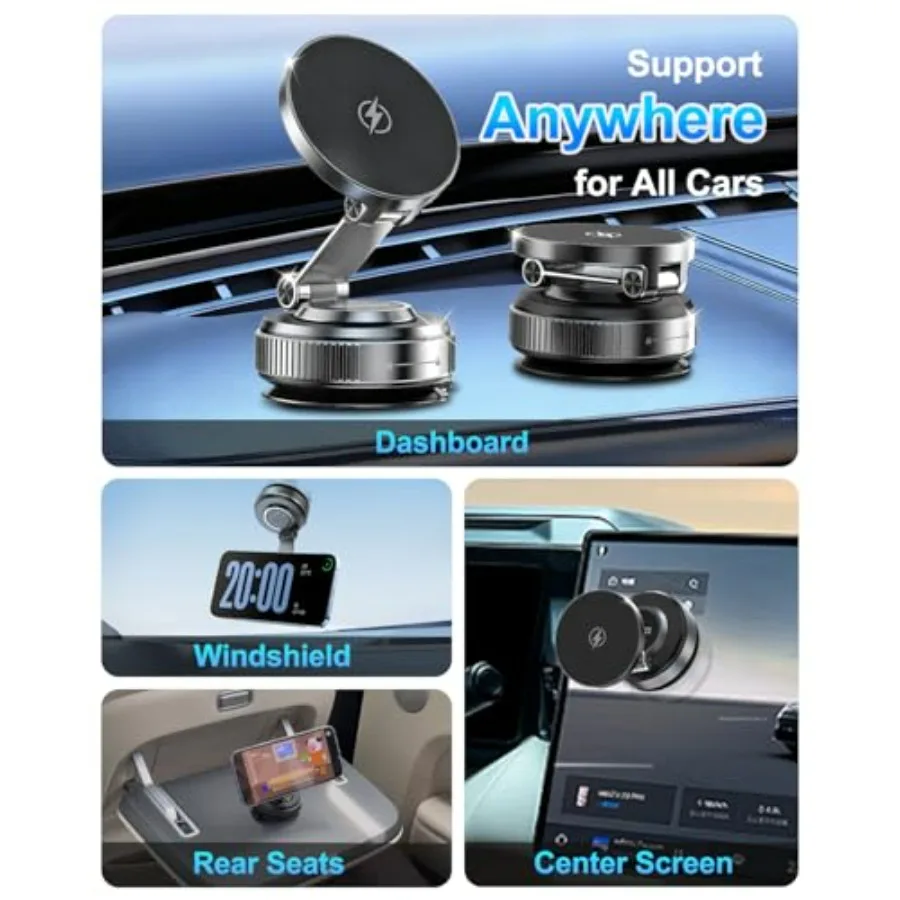 شاحن سيارة لاسلكي مغناطيسي سريع الشحن بقدرة 15 وات مع كوب شفاط مكنسة كهربائية قوي للغاية 120 رطل ومغناطيس عالي الأداء 3000 جرام فهرنهايت