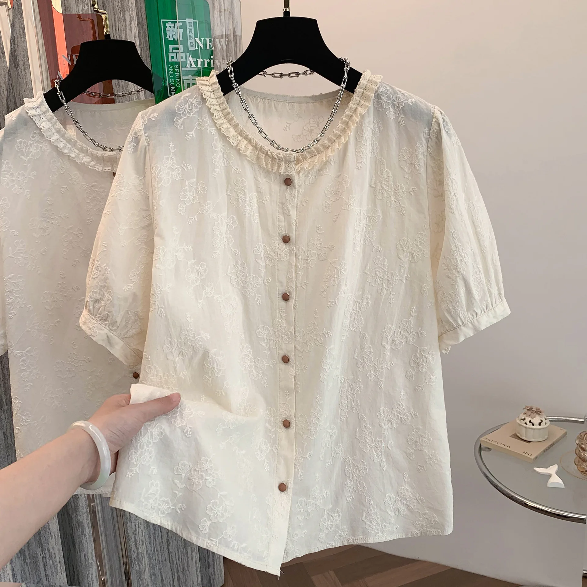 ใหม่2025ฤดูร้อนผ้าฝ้ายแขนสั้นเสื้อผู้หญิงRuffledเย็บปักถักร้อย, MoriสาวRetro Retroเสื้อหลวมๆสบายๆT55650CC