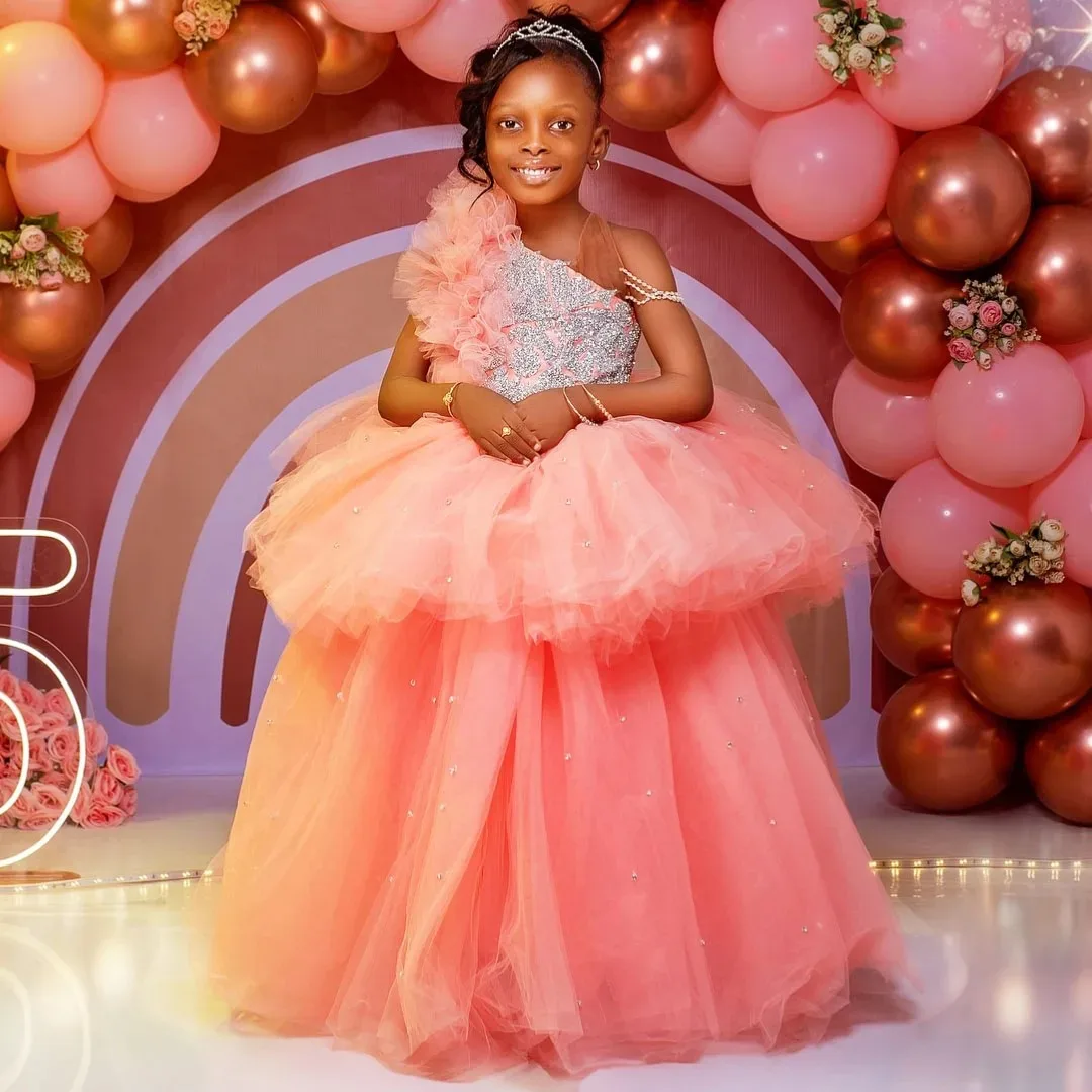 

Fluffy Pink Flower Girl Dresses for Wedding Beaded Lace Appliques Ruffles Ball Gowns Baby Girl Birthday Ball Gowns Customized