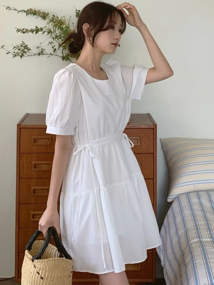 

Chic Summer New Simple Sweet round Ne Dstring Waist Small Bubble Sve Dr Women's Faionable Commute Pure Color Dr