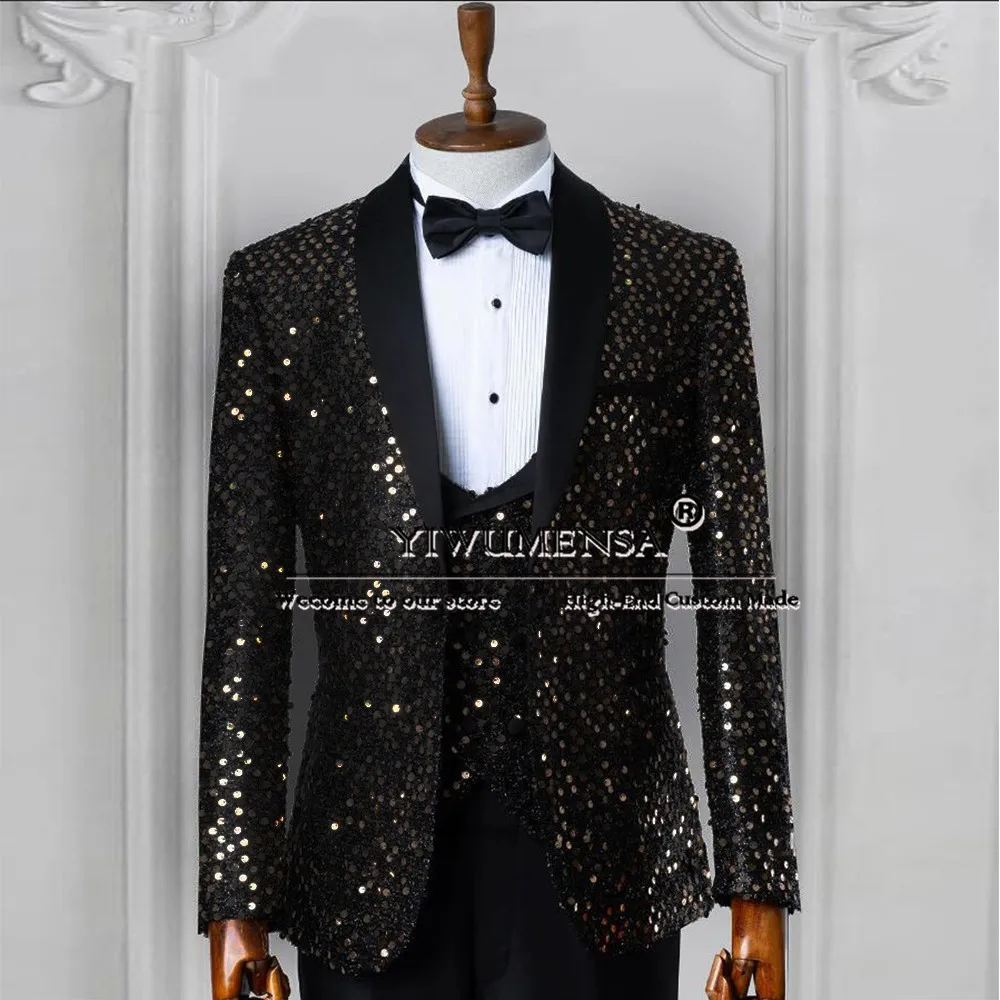 Esmoquin de lentejuelas brillantes para hombre, ropa de novio, chal negro hecho a medida, solapa de terciopelo, Blazer de graduación, banquete, ropa de fiesta de boda, 3 piezas