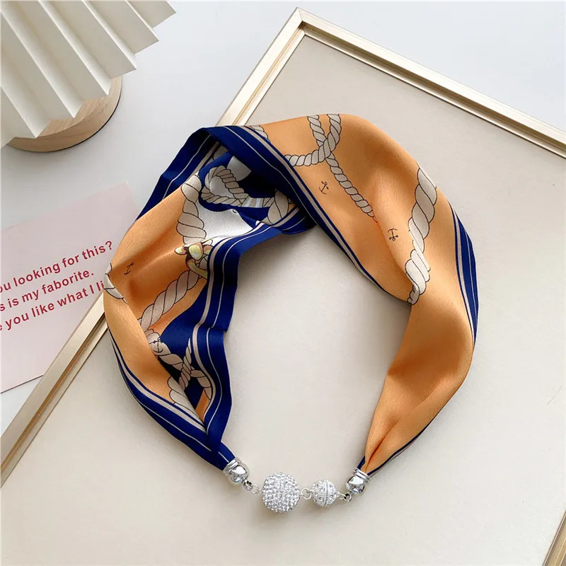 Magnetic Button Scarves Women Imitation Necklace Scarf Buckle Bead Narrow Neckerchief Headband Ring Necklaces Neck Decoration