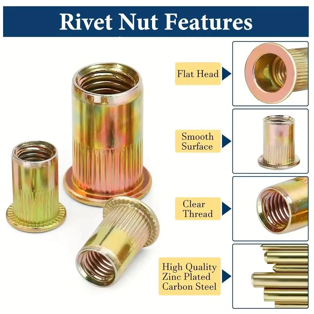 Carbon Steel Rivet Nut M3-M12 Zinc Plated Threaded Insert Tool Threaded Manual Rivet Nut Assortment Kit Furniture Decoration