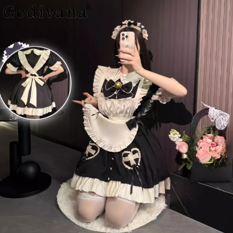

Sweet Japanese High Waist A-line Maid Cos Apron Dresses Female Cute Lolita Versatile Age Reduction College Short Sleeve Dress