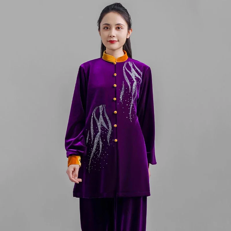 Kun Master Thicken Velvet Taichi Uniform Elegant Winter Martial Arts Suit Embroidery Kung Fu Clothes Taiji for Women