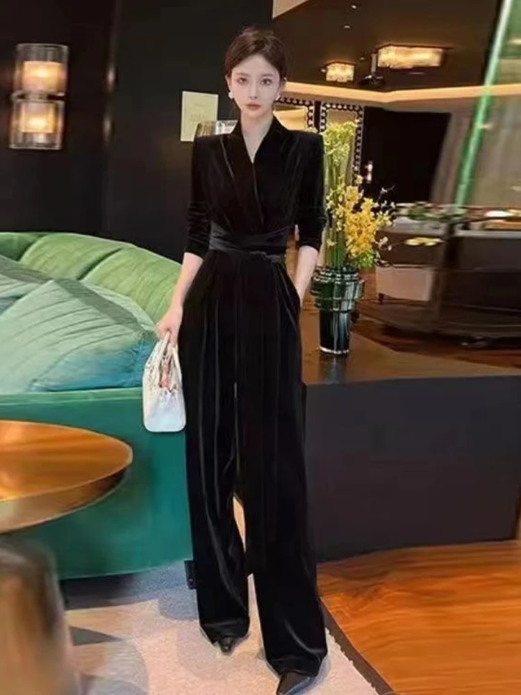 Wide Leg Jumpsuits Women Elegant Cozy Autumn Office Ladies Simple Temperament Vintage Mature Streetwear Full-length Stylish Chic