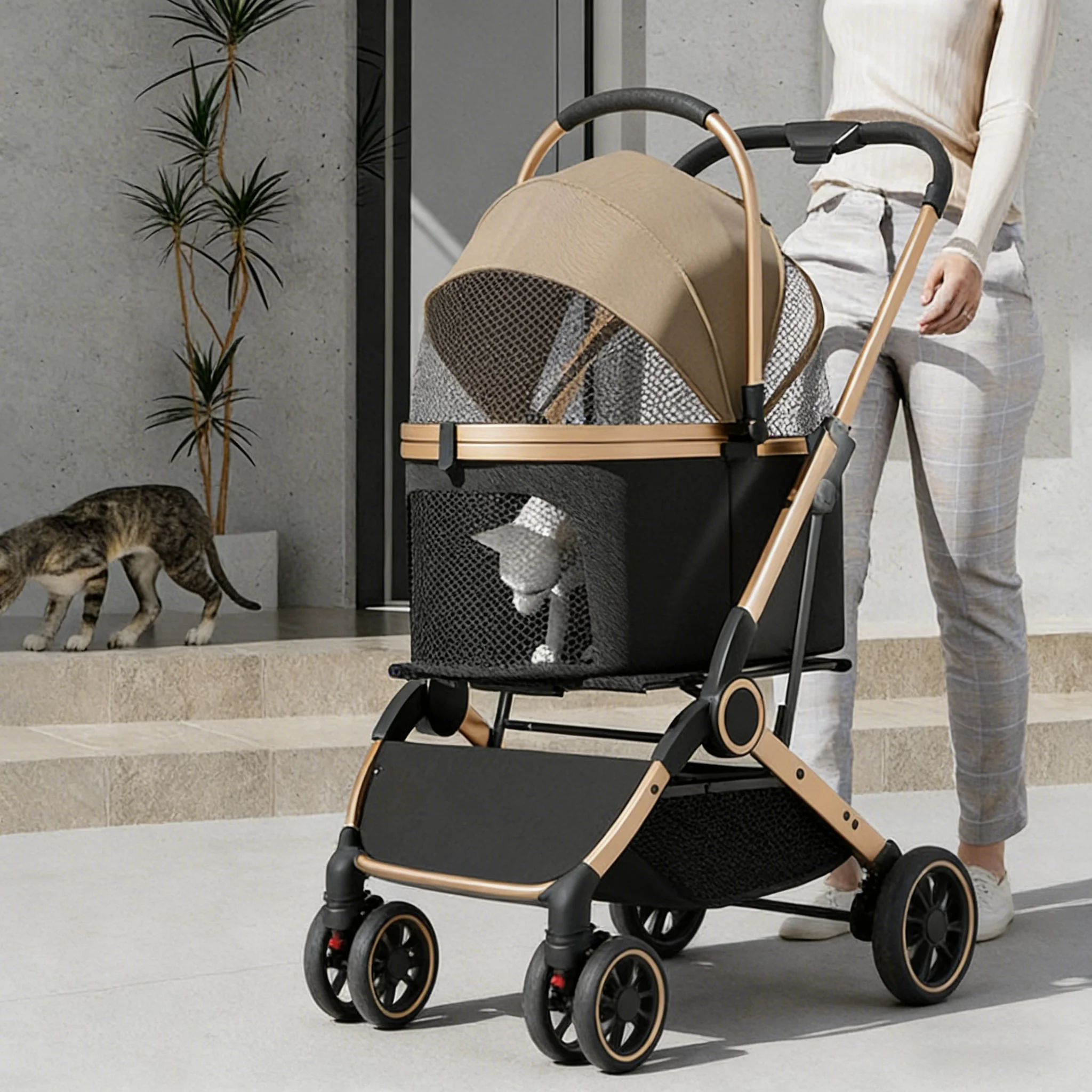 One-Click Fold Lightweight Oxford Cloth Pet Stroller-4-Wheel Comfortable Detachable Handheld Carrier for Cats & Dogs