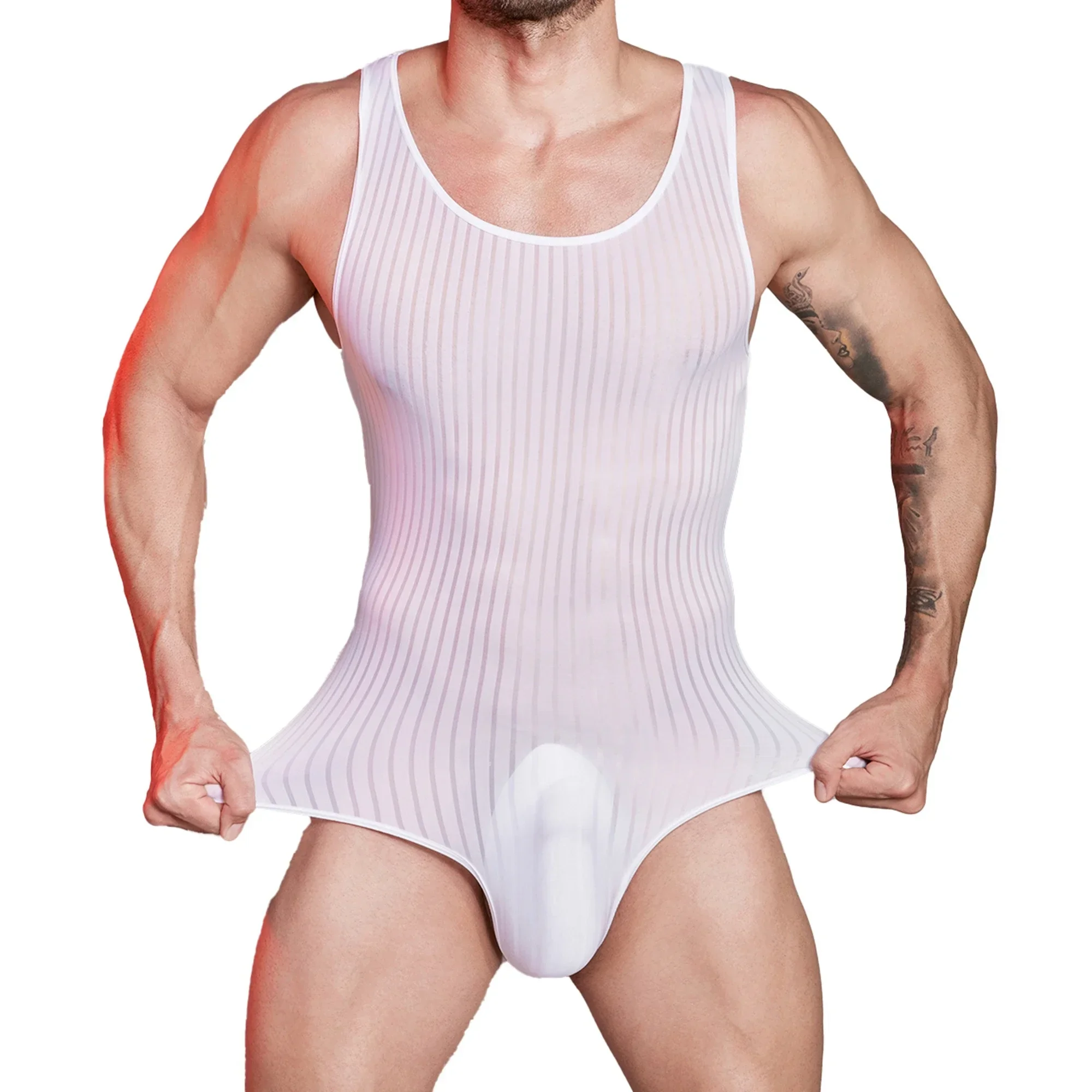 Men See Through Stretchy Pajamas Bodysuits Striped Mesh Breathable Jumpsuits One-pieces Underwear Leotards Sleeveless Rompers