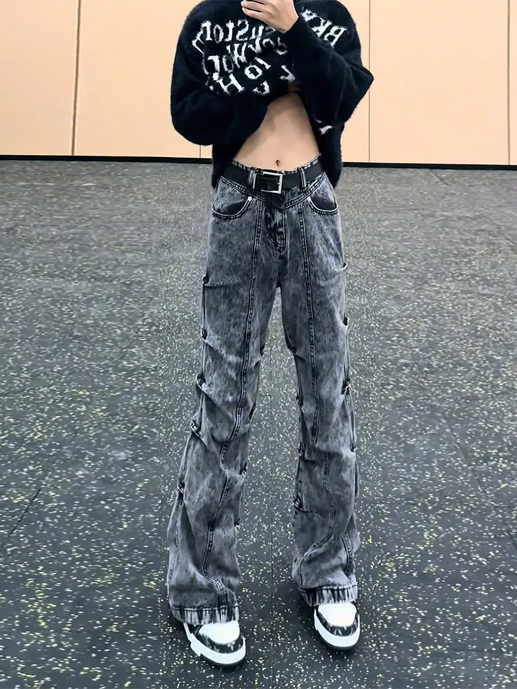 Retro American Folded Denim Jeans Men's Straight Leg Slimming Micro Flared Pants Trendy Street Style Autumn Fashion