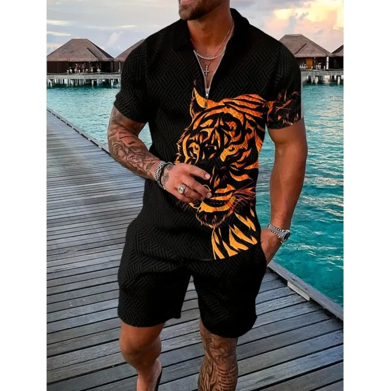 Tiger Print Men's Polo Shirts Suit 2025 Summer 2 Pcs Set Tracksuit Casual Outfit Male Polo Shirt Set Streetwear Clothing