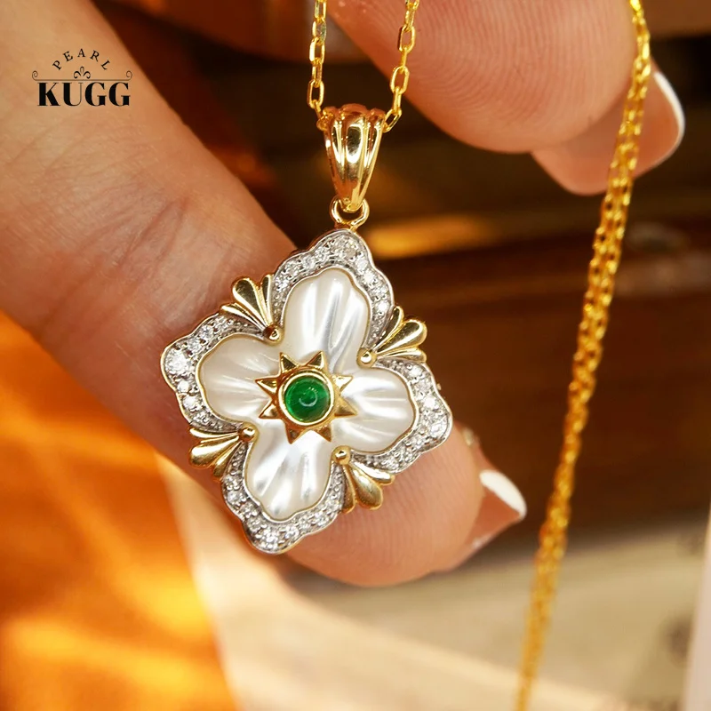 

KUGG 18K Yellow Gold Necklace Real Natural White Fritillaria Luxury Diamond Pendant Vintage Palace Style Emerald Fine for Women