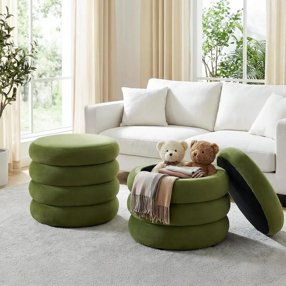 

Round Velvet Green Storage Ottoman Set of 2, Suitable for Bedroom, Vanity, Entryway, and Living Room