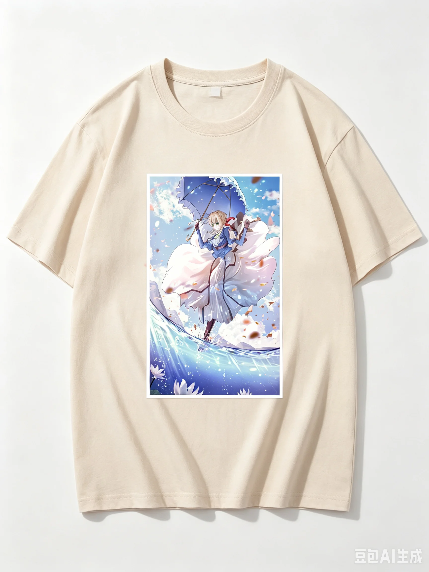 Violet Evergarden Holding Parasol Water Surface Anime Frame Graphic Crew Neck Short Sleeve Women And Men T-shirt