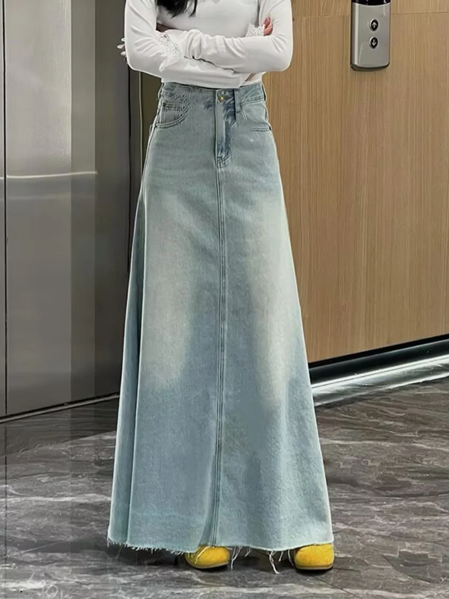 

Women's High Waist Pleated Denim Skort with Built-in Shorts Vintage Wash A-Line Mini Skirt 2 Colors