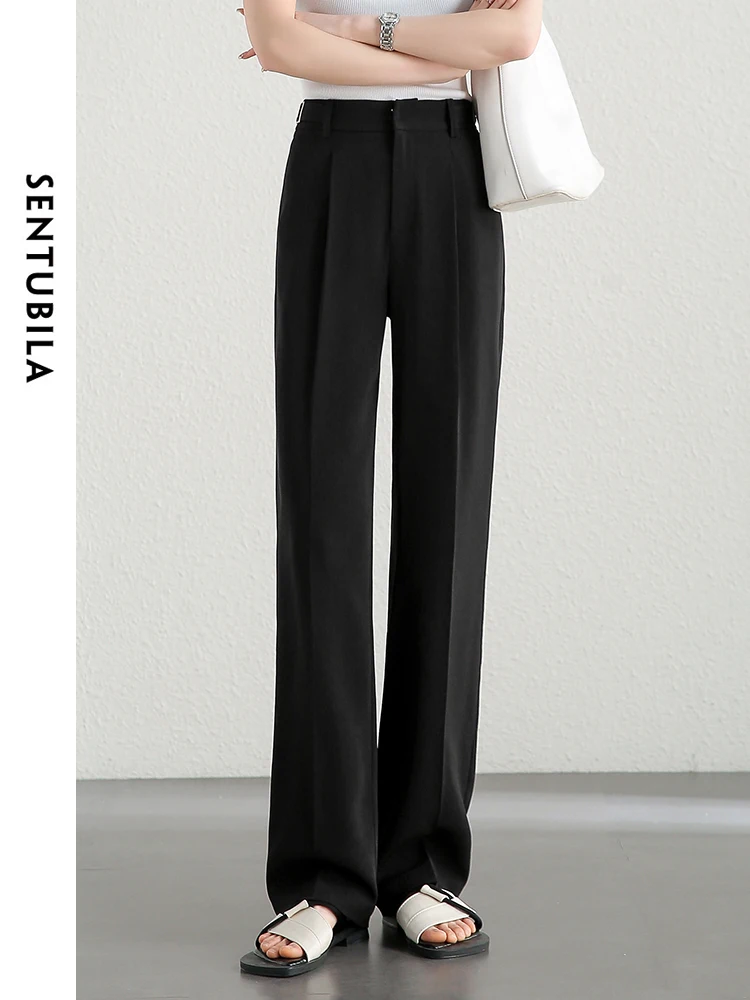 SENTUBILA Comfort Full Length Wide Leg Pant 2024 Summer New Thin Commuter Straight Dress Pants Women Casual Trousers 142K54375