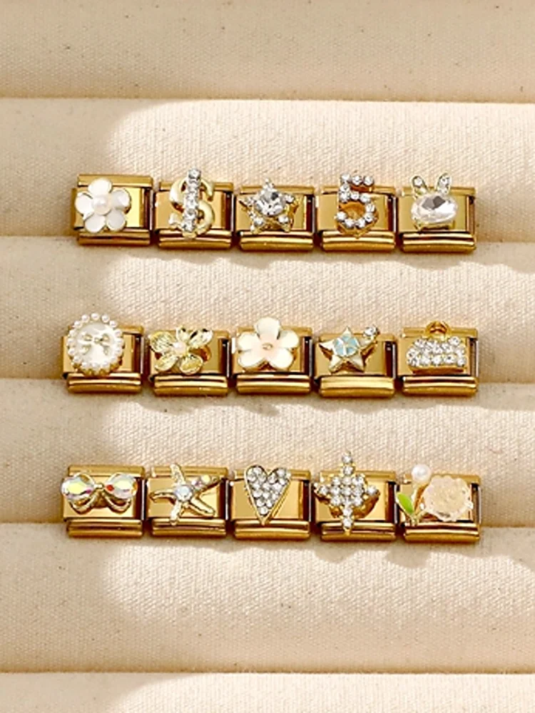 Breloque italienne en Zircon couleur or, maillons adaptés au Bracelet en acier inoxydable de 9mm pour femmes, bricolage de cadeaux, nouvelle collection