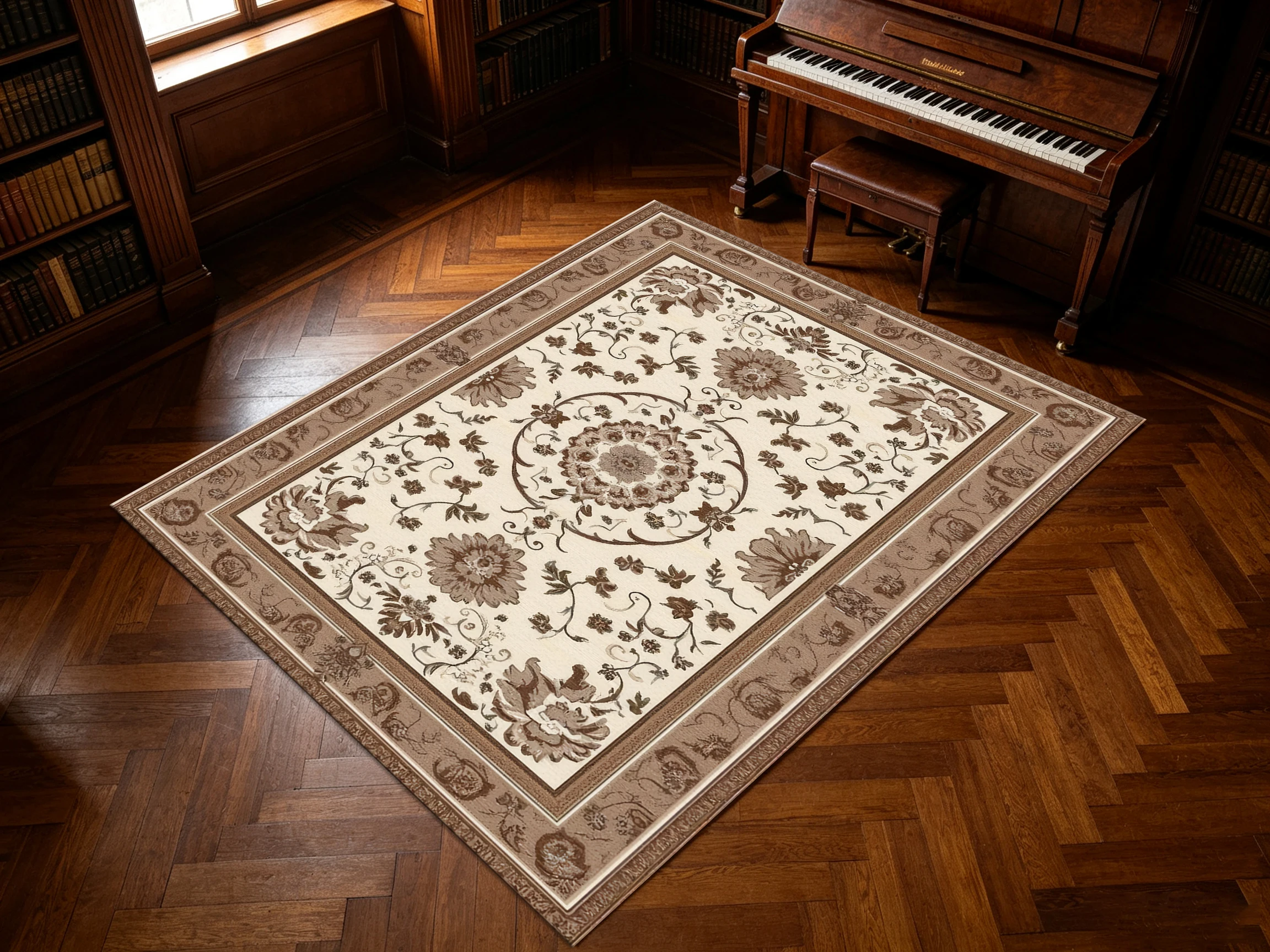 2D Carpet, 2D Large Carpet, Beige Brown, European Retro Style, with Floral Patterns.   Soft to the Touch, Suitable for Use in Living Rooms and Other Areas.