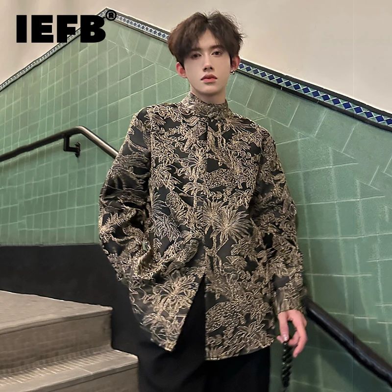 

IEFB Autumn Men's Shirts Printing Stand Collar Knot Button Clothing Long Sleeve Single Breasted Contrast Color Male Tops 9C7232