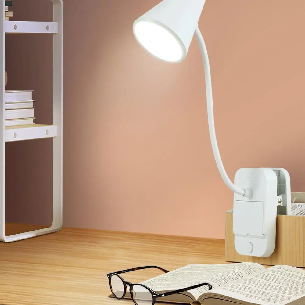 ضوء كتاب القراءة، مصباح مكتب LED، أبيض، مصباح مكتبي مع منفذ شحن USB، قائم، مشبك، بطارية وUSB ثنائي الاستخدام، °   الدورية ح