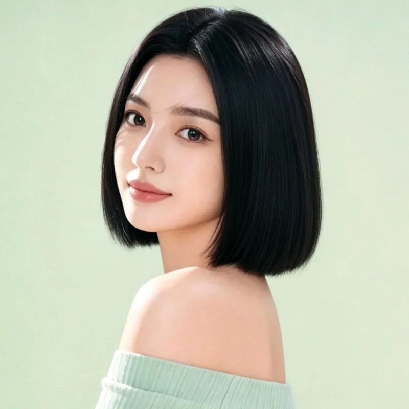 12-inch synthetic natural black wig for women, center-parted, silky, heat-resistant short hair, suitable for everyday wear.