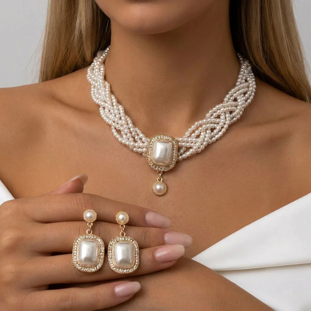 Elegant Pearl Multi-Layer Geometric Necklace Earring Set for Women Statement Matching Jewelry Set Wedding Guest Gifts