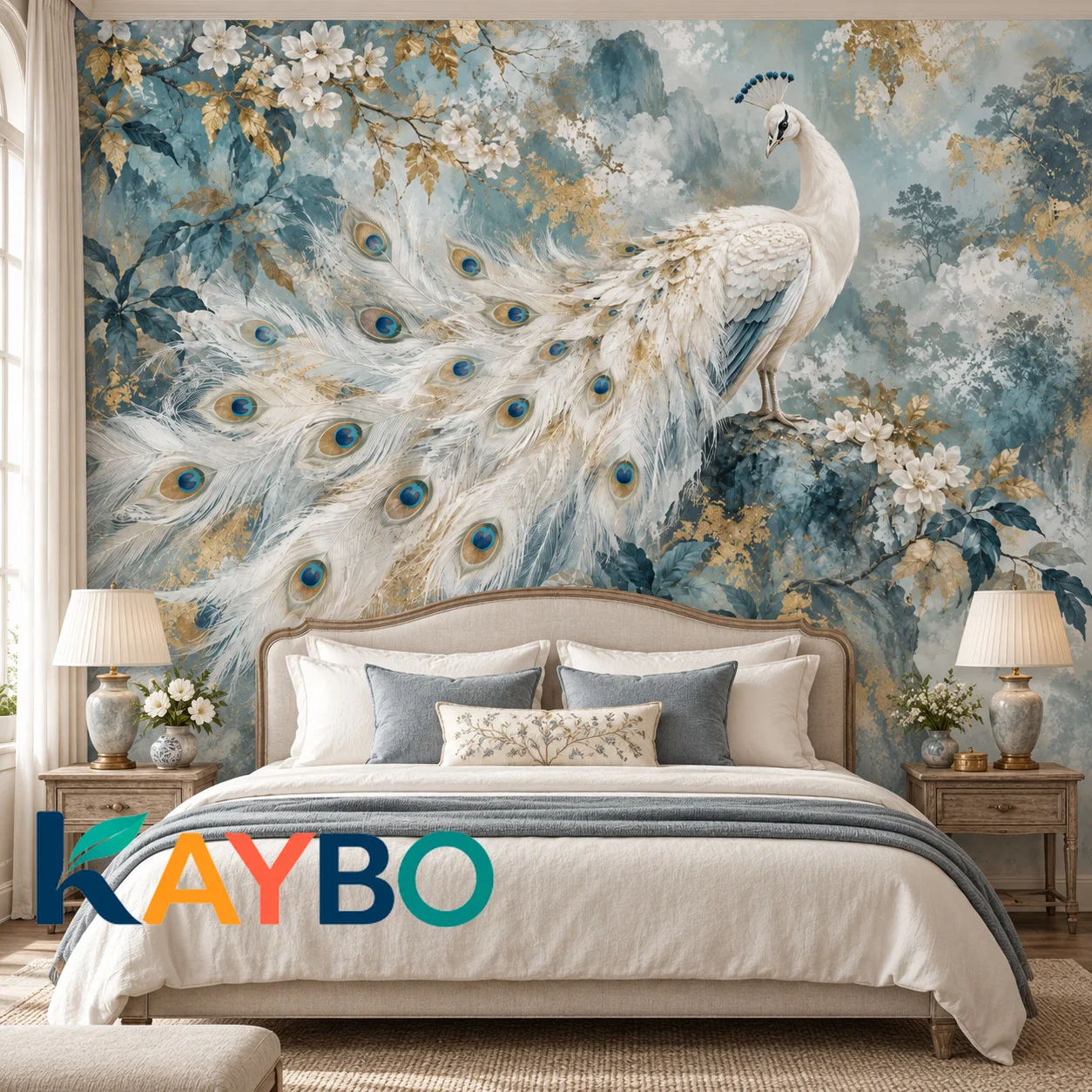 White Peacock Wall Mural Blue Gold Floral Wallpaper Vintage Luxury Living Room Bedroom Feature Wall Non Self Adhesive Home Decor