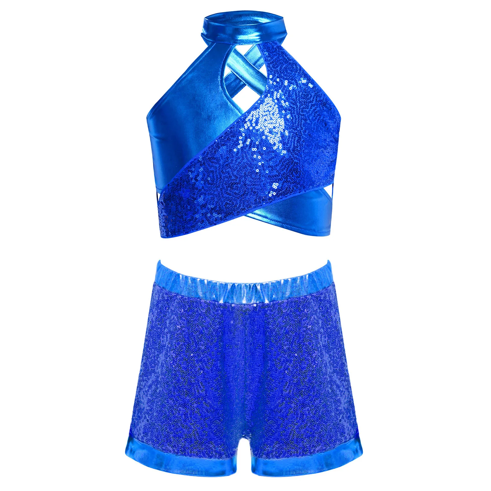 

Kids Girls Jazz Dance Performance Costume Cross Keyhole Sparkly Sequins Metallic Crop Top with Elastic Waistband Shorts