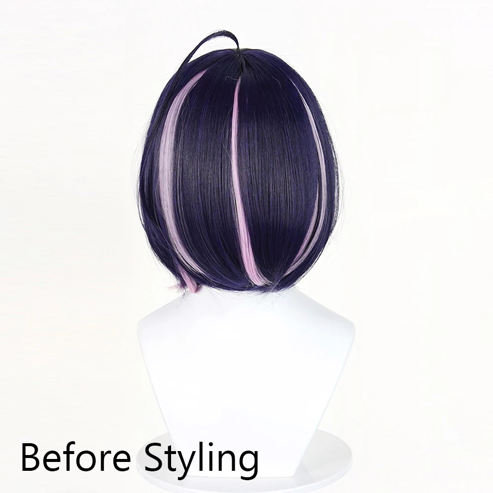 Picture 4: Purple Pink Highlights Synthetic Short Straight Wigs with Bangs Anime Game Cosplay Fluffy Wig for Daily Party
