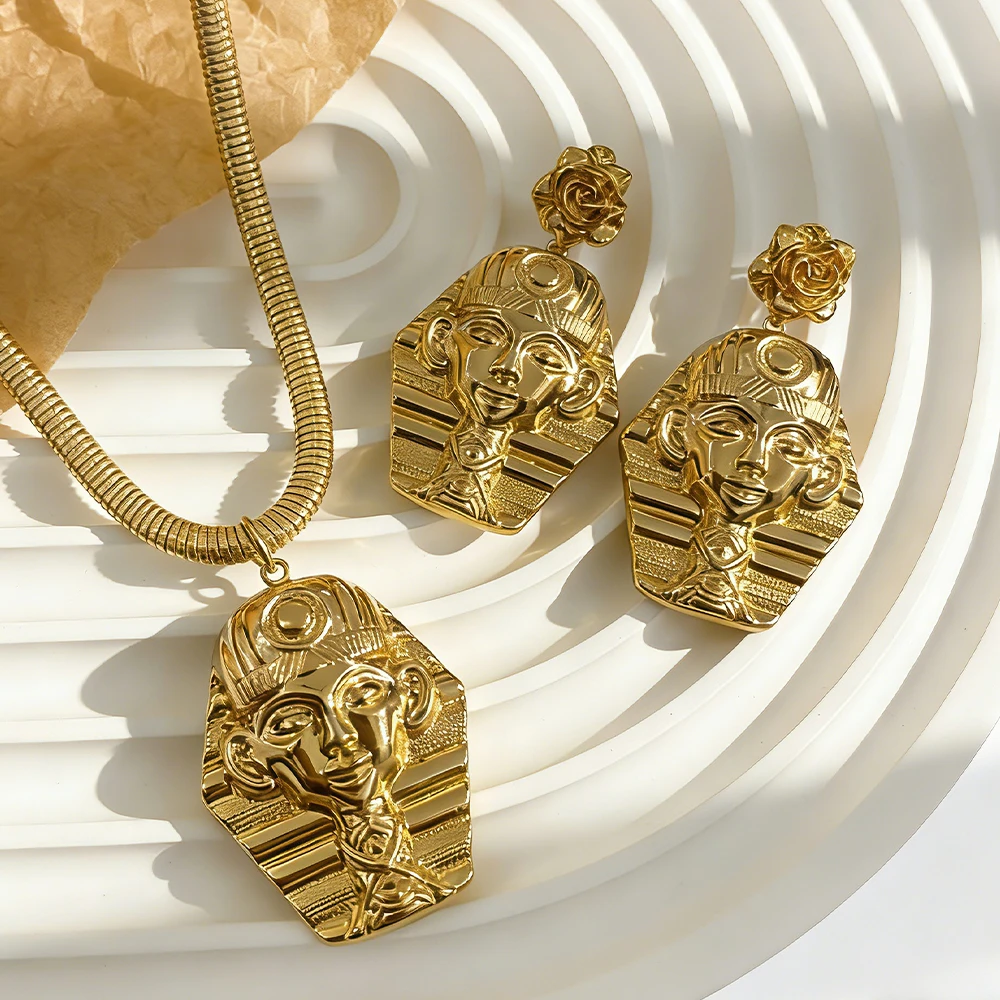 Vintage Jewelry Set Pyramid Ancient Egyptian Pharaoh Pendant Gold Color Copper Necklace Earrings Lady Jewelry Accessory Gifts