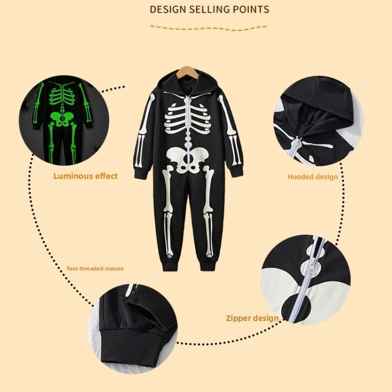 Disfraz de Halloween con estampado fluorescente de esqueleto de terror, pijamas de fiesta de fantasma y calavera de la muerte para niños y adultos, traje para padres e hijos