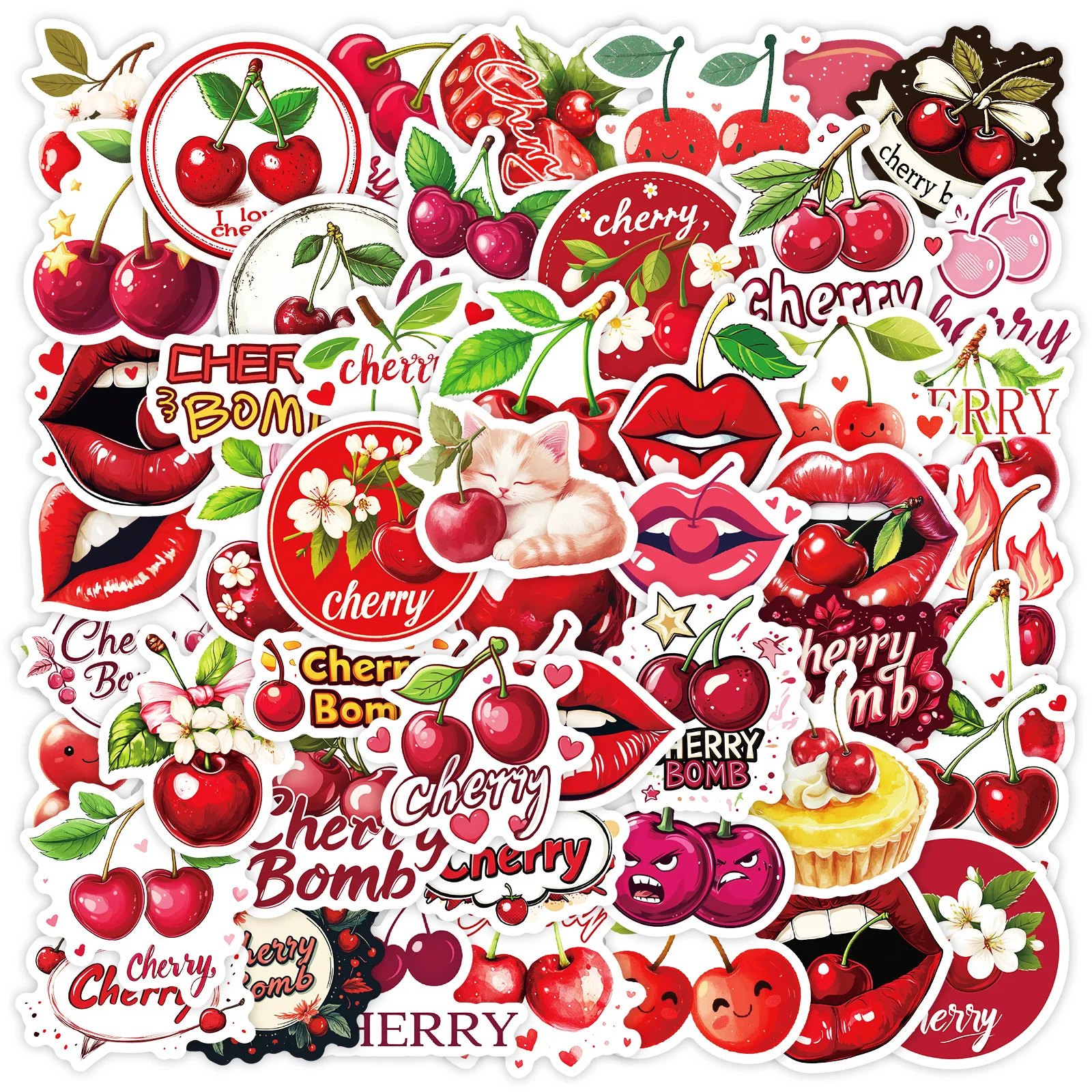 50Pcs Cute Red Cherry Aesthetic Stickers Graffiti Decals for Laptop Luggage Phone Fridge Scrapbook Water Bottle DIY Decoration