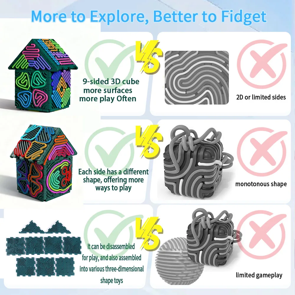 Giocattoli sensoriali 3D Fidget, giocattolo Fidget cubo in silicone e tabellone attività con corde, silenzioso sollievo dall'ansia da stress per bambini 3+, adulto