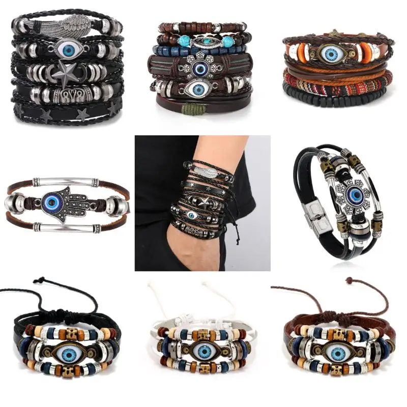 Boho Mehrschichtige Lederarmbänder, Charm-Perlen-Armband für Damen und Herren, Vintage Punk Wrap-Set – Detail 4