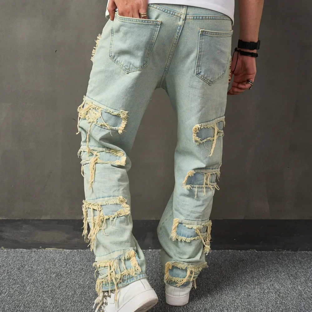 

Men Streetwear Stylish Ripped Patch Loose Jeans Pants Male Casual Straight Denim Trousers