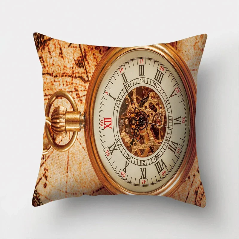 Retro Compass Clock Pattern Cushion Cover Decorative Polyester Cushion Pillowcase Throw Pillow Sofa Home Decor Pillowcover