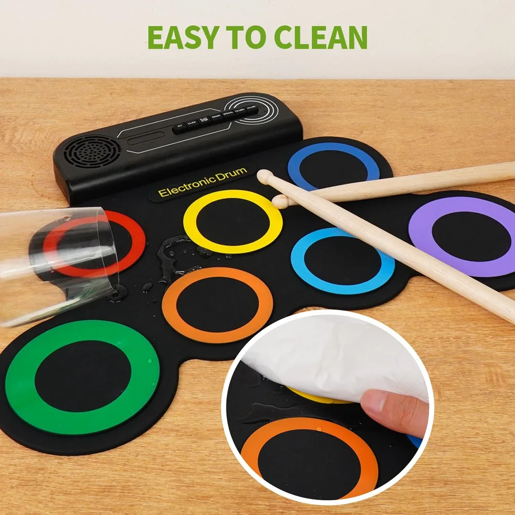 

ABMF-Roll Up Drum Machine Электрическая барабанная установка со встроенным динамиком, детская портативность с двумя педалями и барабанными палочками, цвет + черный