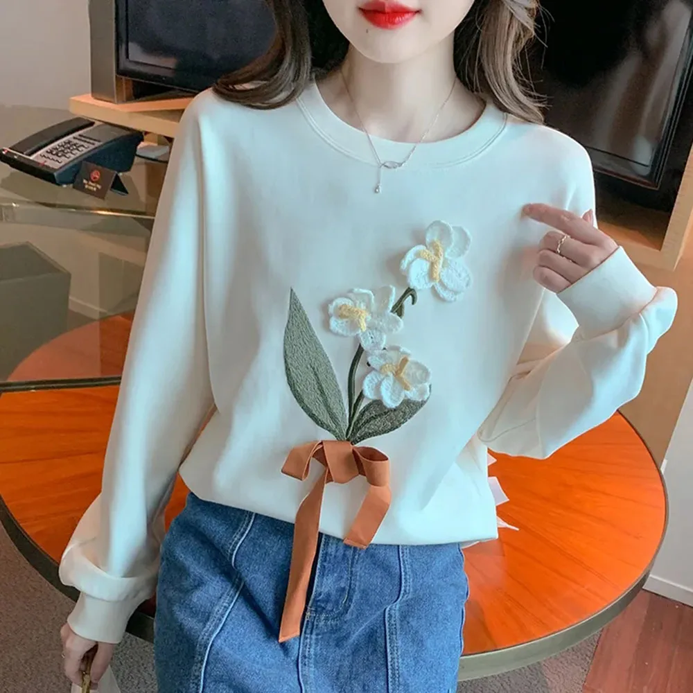 3D Flower Round Neck Sweatshirt For Women 2024 Spring Autumn New Design Sense Long Sleeve Loose Pullover Fashion Versatile Tops