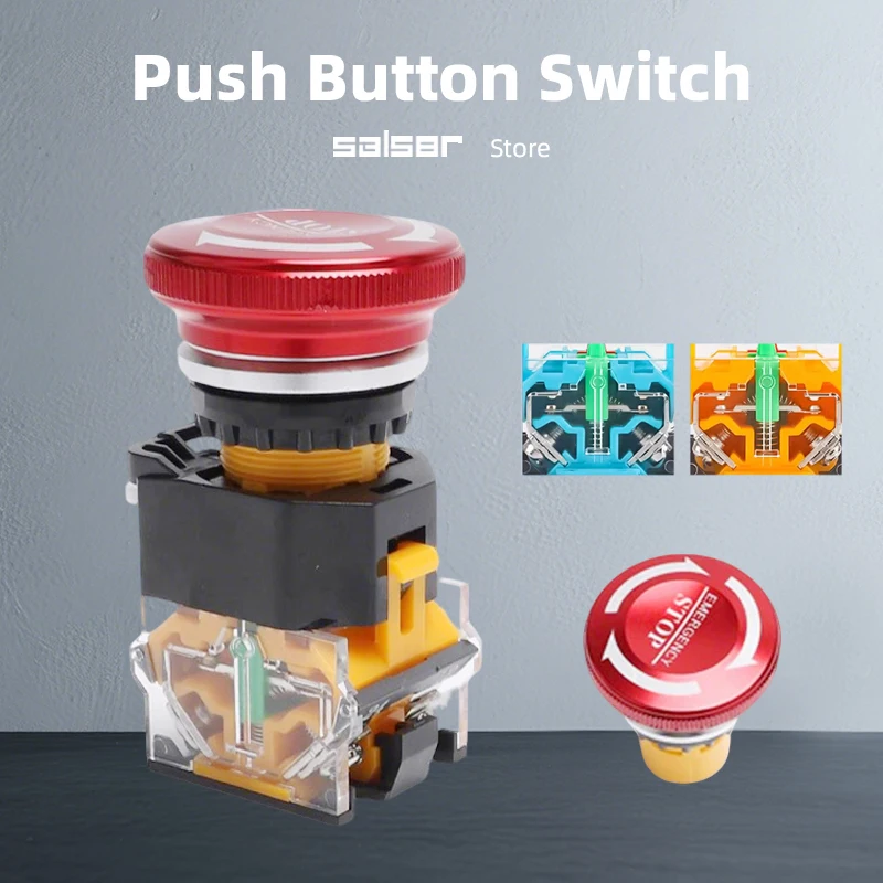 

22mm LA38 Base Metal Emergency Stop Push Button Switch Power Control 1NO1NC Brass/Silver Contact Easy Installation