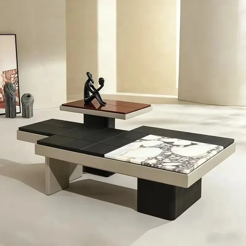 -aa Irregular-Shaped Natural Stone Coffee Table Set Marble Master Design Wabi-sabi Style Square Elm and Walnut Wood Rock Slab