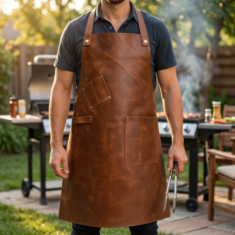 Grilling apron made from PU leather with oil-repelling finish and For watertight layer plus two pockets for quick item retrieval