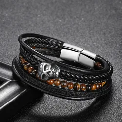 New Braided Wrap Leather Bracelets for Men Vintage Skull Ghost Face Red Tiger eye Beads Ethnic Tribal Wristband Rope Bracelet