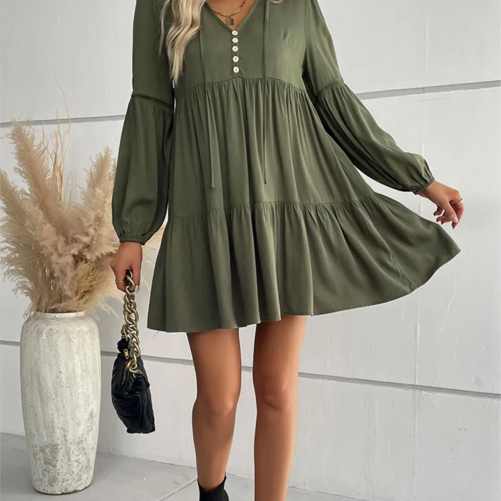 Dresses 2025 Woman Autumn Casual Simple Style Vestidos Short Loose V-neck Pleated Solid Color Dress All-match Trendy Temperament