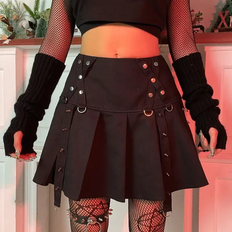 Gothic Skirts Diablo Harajuku Personality Spice Rivet Metal Buckle Streamer Low Waist A Version Short Pleated Skirt Y2k Skirt