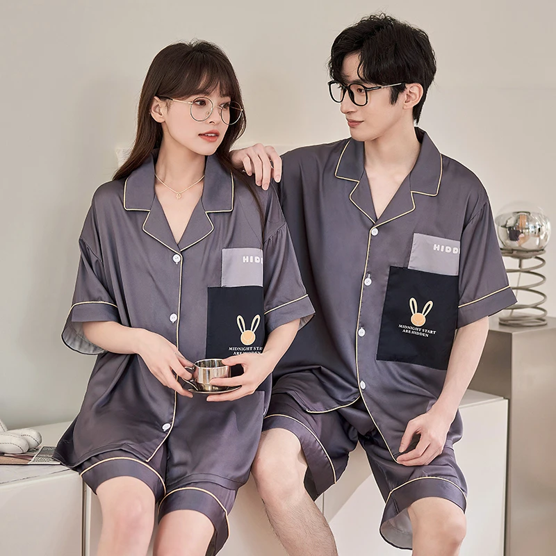 

2PCS Summer Sweethearts Pajama Sets Women Men kawaii Rabbit Sleepwear Silk Cloth Short Sleeves Pyjama Pour Femme Pijama Casual