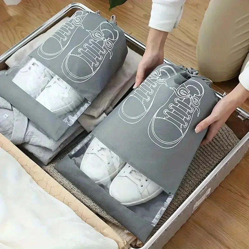 5/10 Pcs Gray Drawstring Shoe Bags | Non-Woven Sneaker-Shaped Protectors with Print, Travel Storage Essential