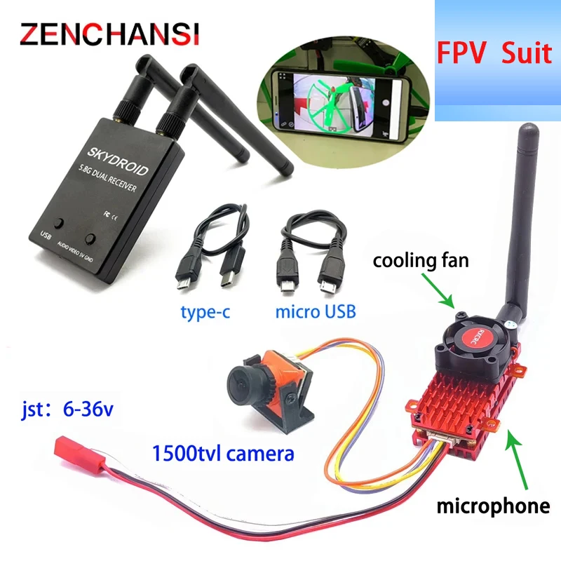 5.8G 2W Power Microphone Transmitter+Mini FPV Camera CMOS 1500TVL PAL/NTSC+Dual Antenna OTG Receiver Video Capture For RC Drone