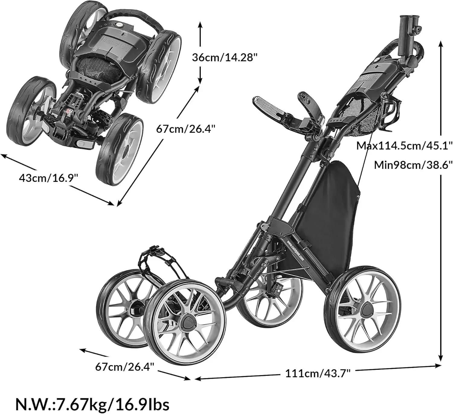 4 Wheel Golf Push Cart - Caddycruiser One Version 8 1-Click Folding Trolley - Lightweight, Compact Pull Caddy Cart, Eas