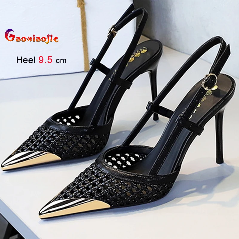 

2025: черные женские туфли на высоком каблуке 9,5 см, металлические остроконечные тканые сандалии на тонком каблуке, женские туфли-лодочки с прямым ремешком, обувь для вечеринок
