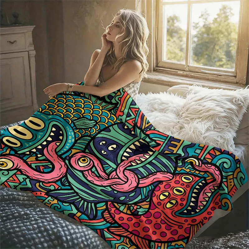 Monster Fish Aztec Art Flannel Blanket Perfect for Sofa Office Bed Travel Sleep Read Relax Camping Four Season Use