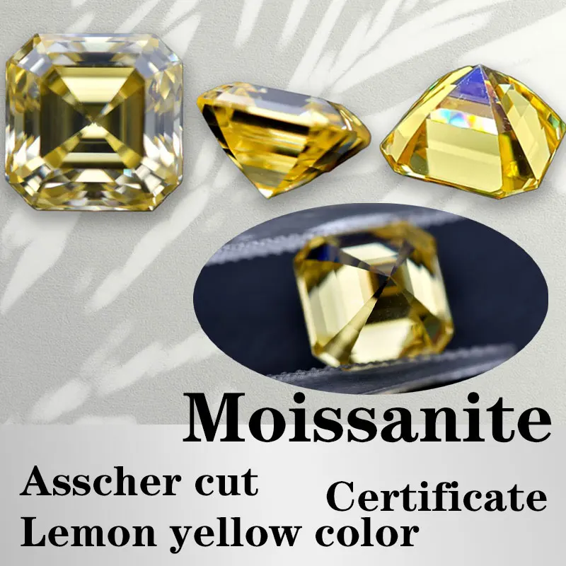 

Муассанит с огранкой Ашер, лимонно-желтый, с сертификатом, синтетический драгоценный камень VVS1, ручная огранка